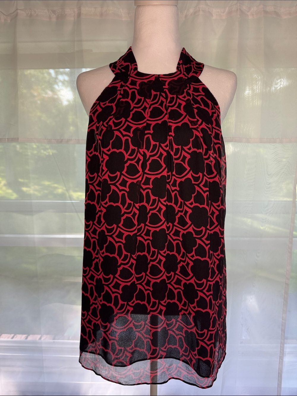 Silk Halter Neck Sleeveless Floral Geometric Blouse in Black and Red